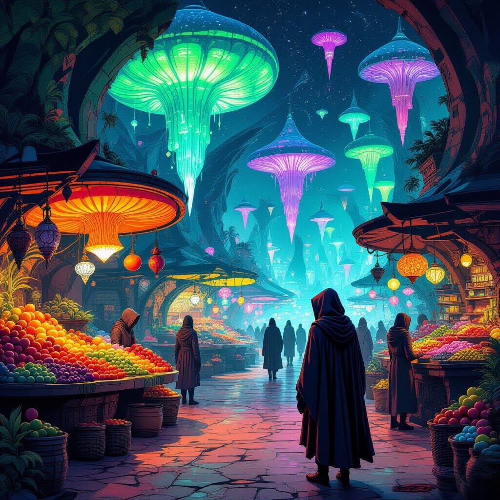 Alien Marketplace with Solitary Figure in Psychedelic Style