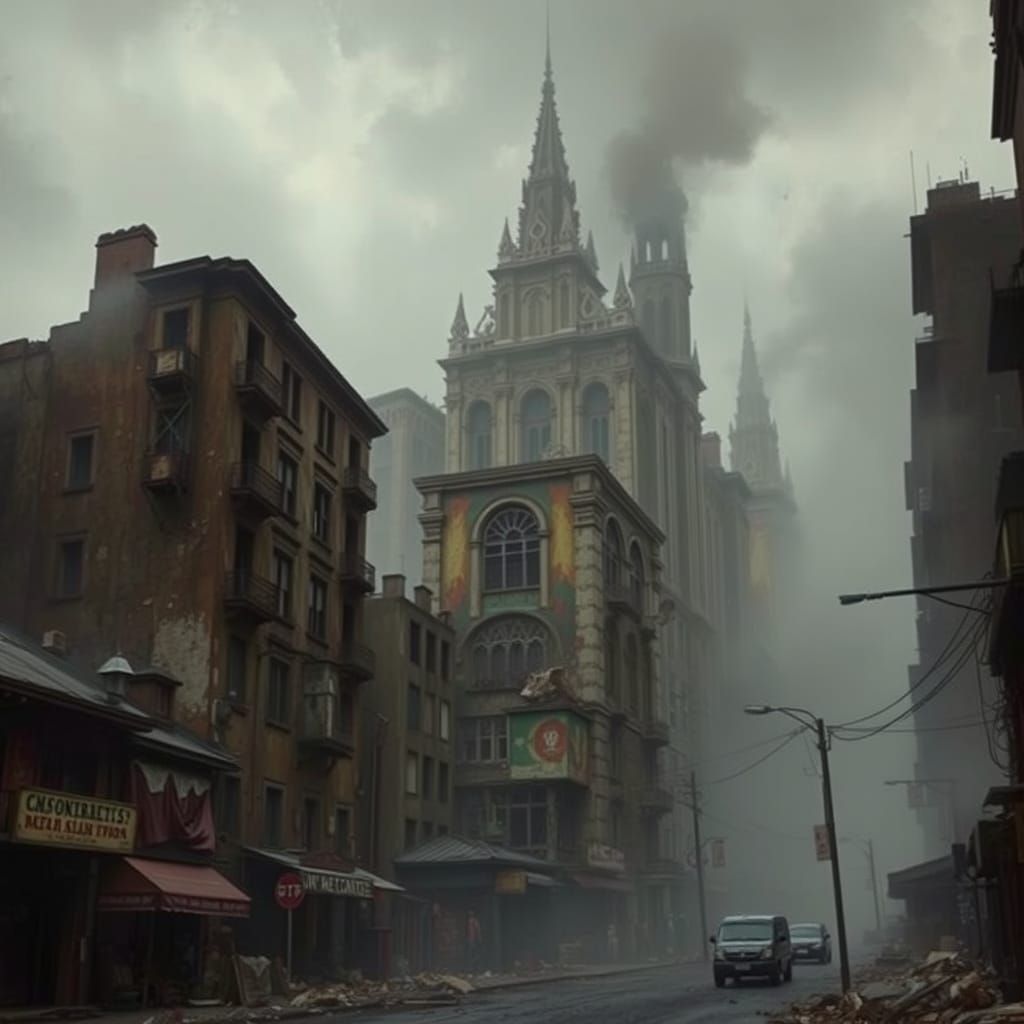 Dystopian Cityscape in Surrealist Style