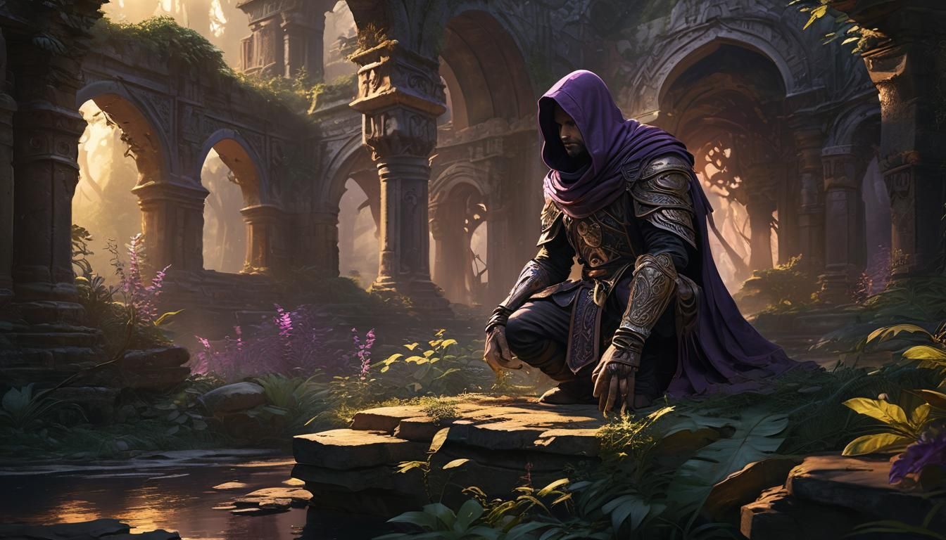 Hooded Warrior in Ancient Ruins at Golden Hour