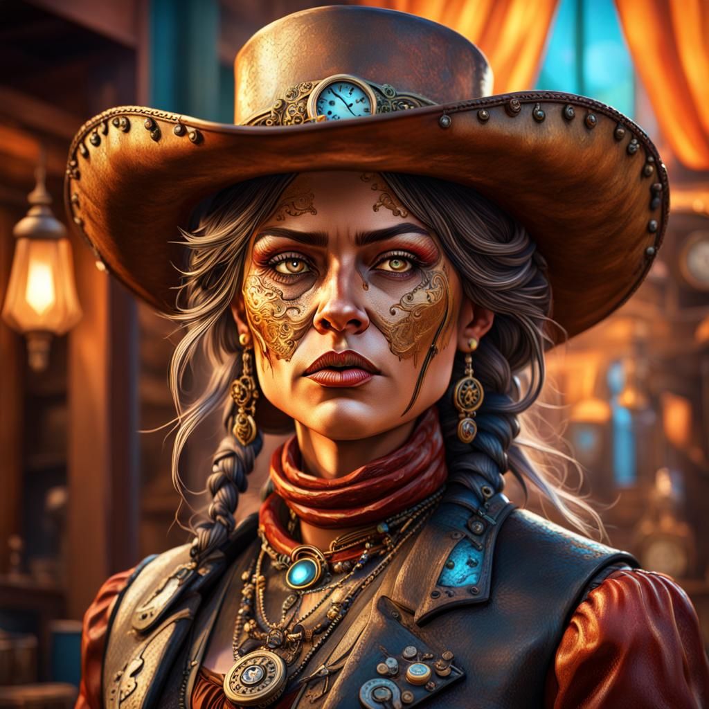 Steampunk Wild West Madam in Hyperrealistic Style