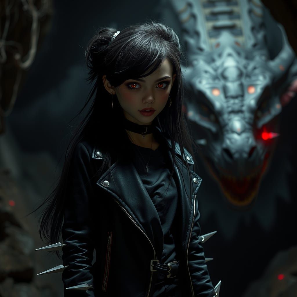 Emo Woman in Dark Cave, Gritty High-Contrast Style