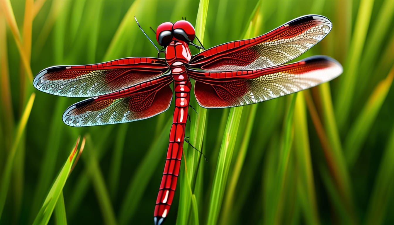 Detailed Red Dragonfly on Grass, Macro Shot