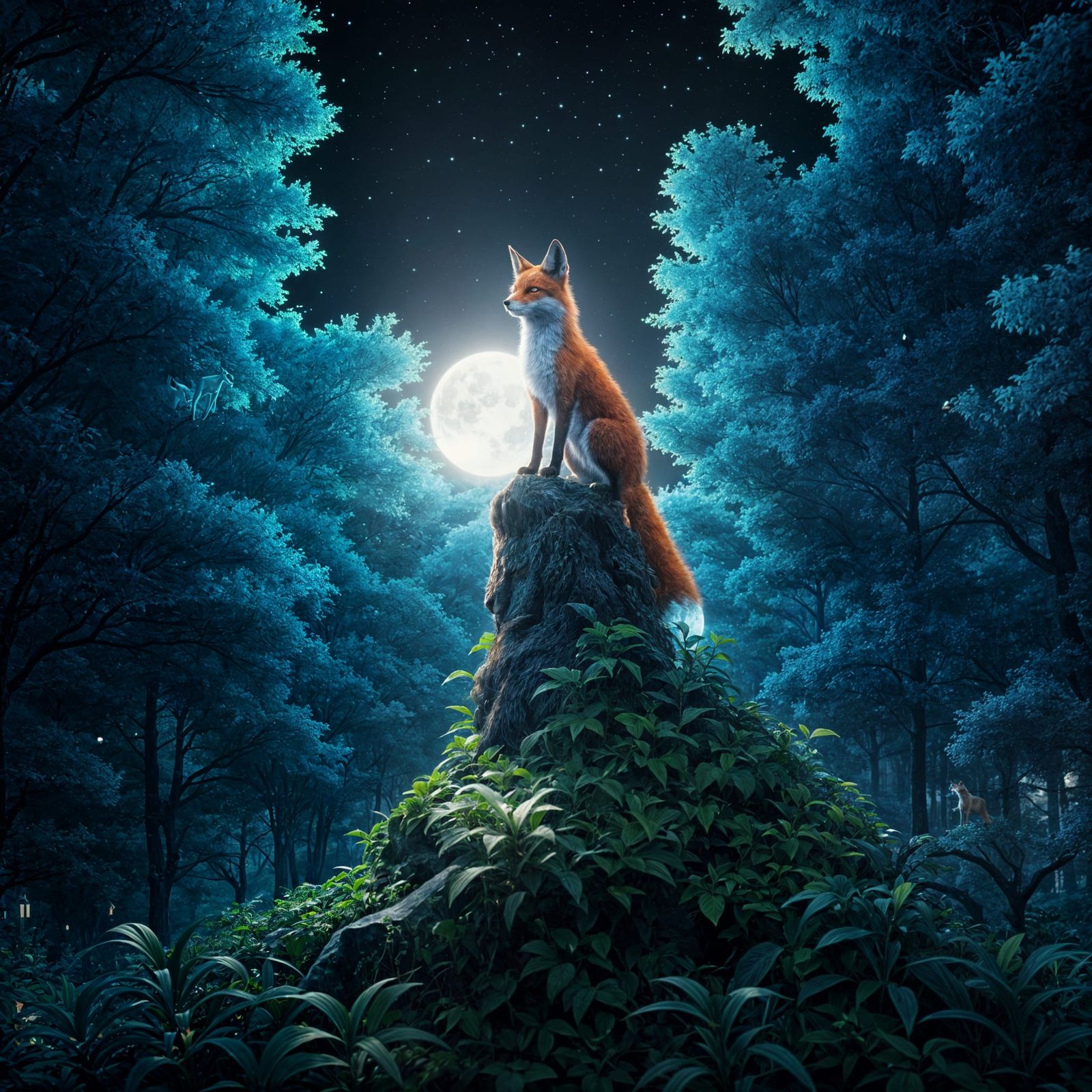 Moonlit Fox on Cliff: 3D Anime Art