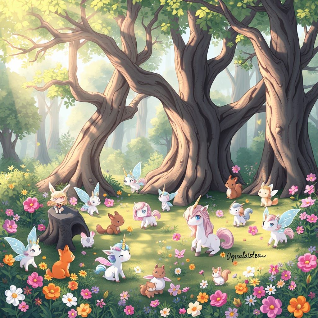 Vibrant Chibi Forest Scene in Pastel Colors and Whimsical Te...