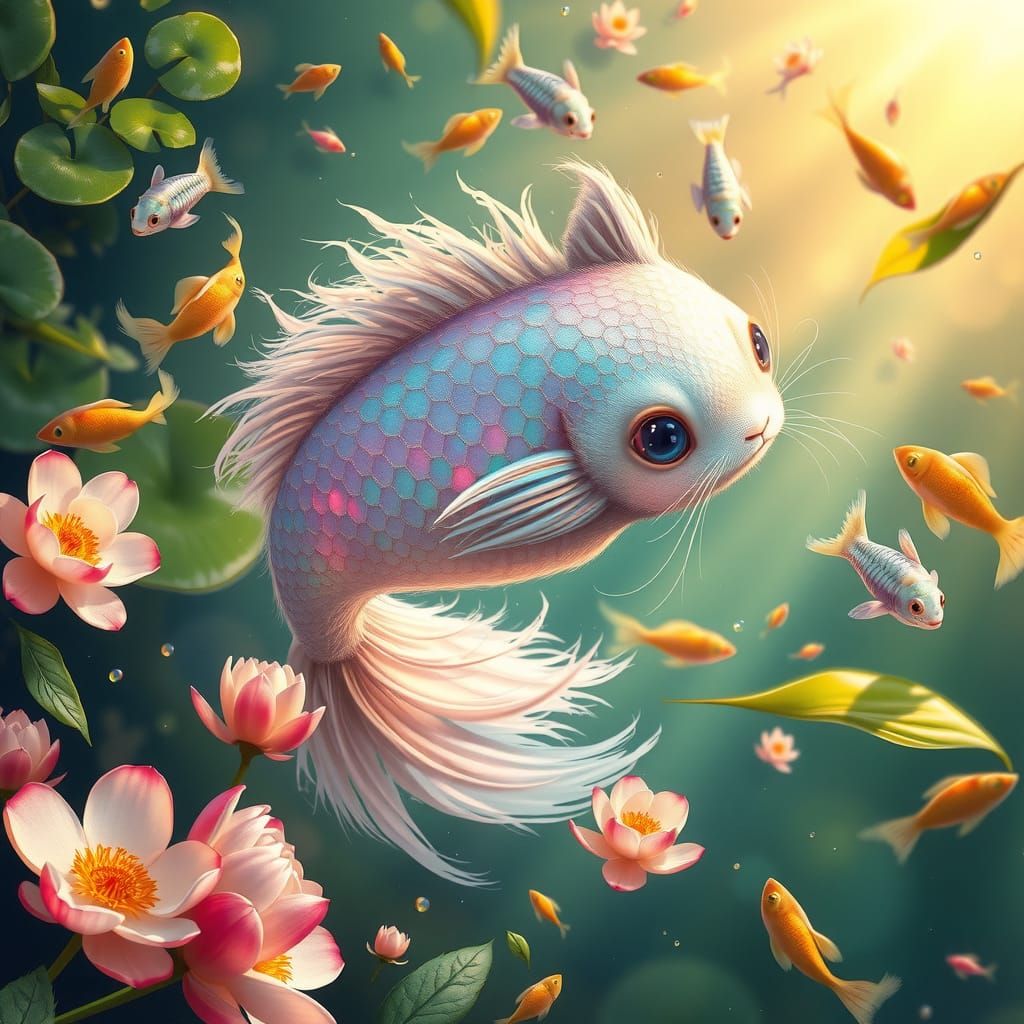 Whimsical Cat-Fish Hybrid in Enchanted Tropical Pond