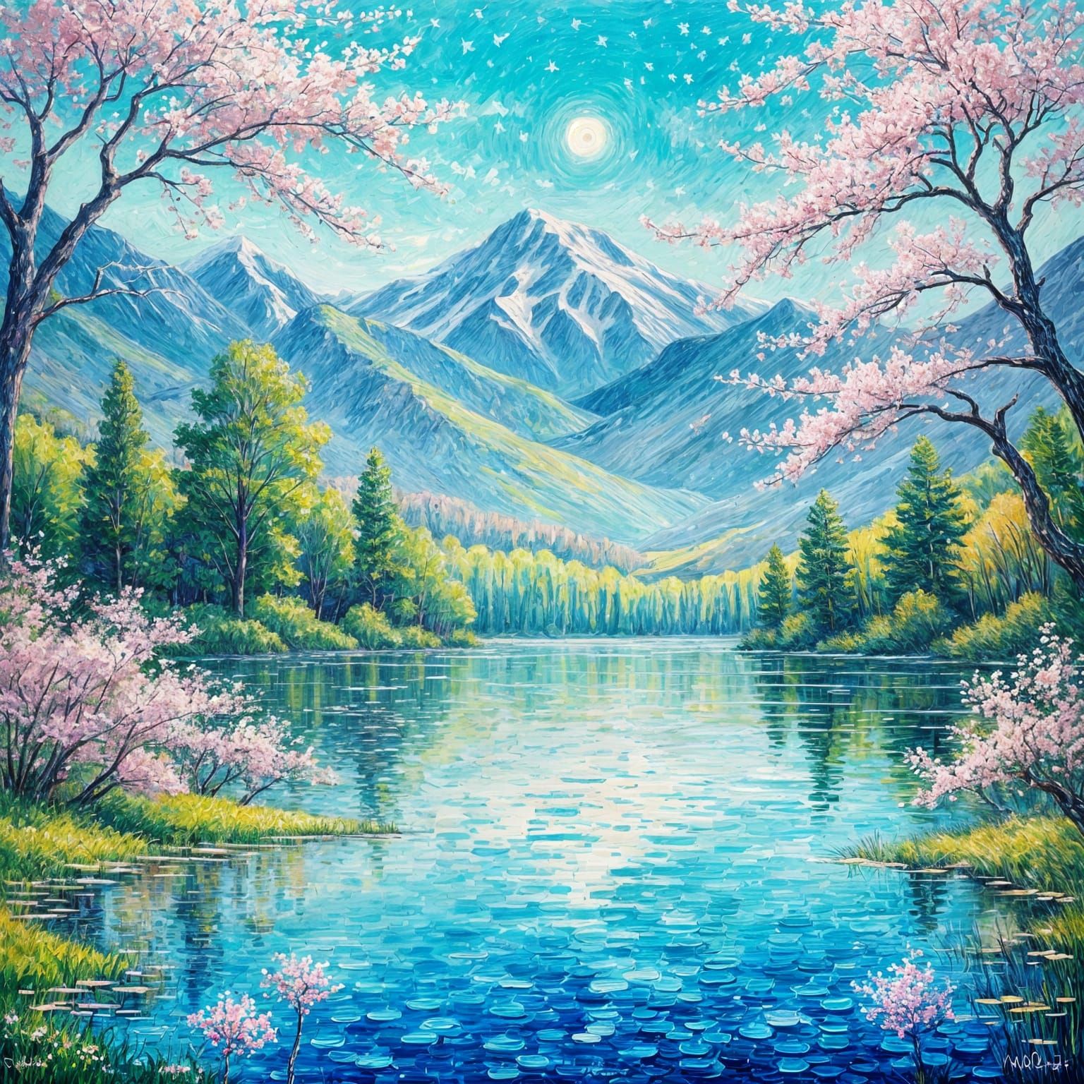 Night Lake Impressionist Masterpiece in Monet Style