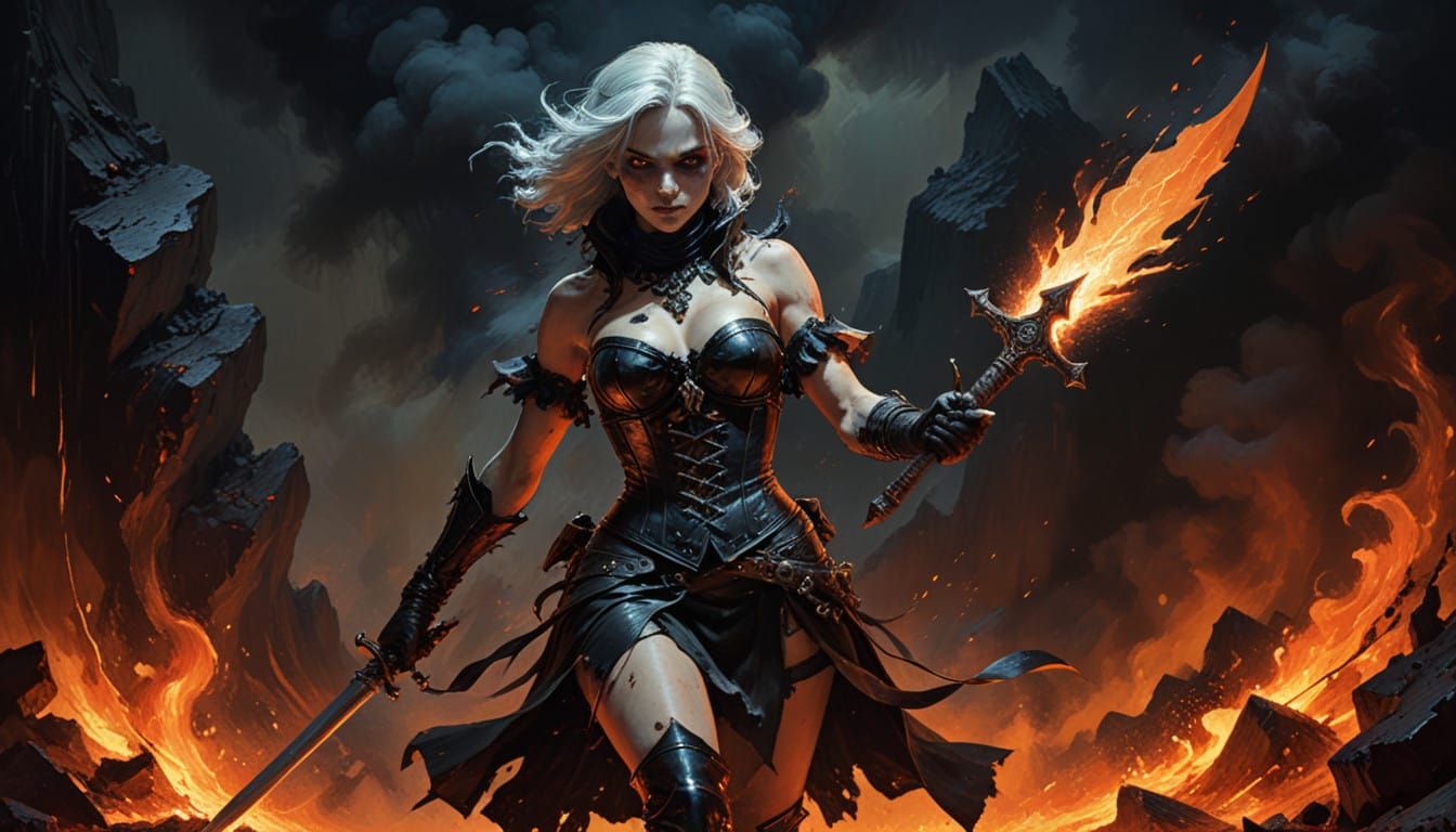 Seductive Drow Rogue Leaps Through Volcanic Inferno