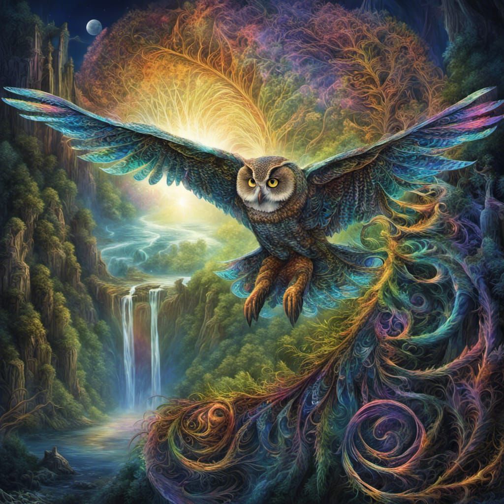 Rainbow Owl Flight in Bioluminescent Fractal Landscape
