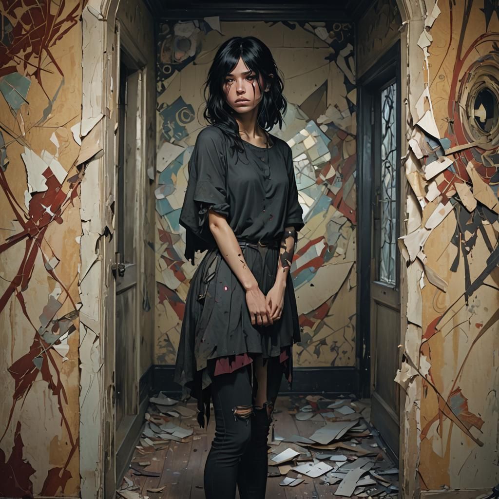 Eerie Girl in Abandoned House: Horror Concept Art