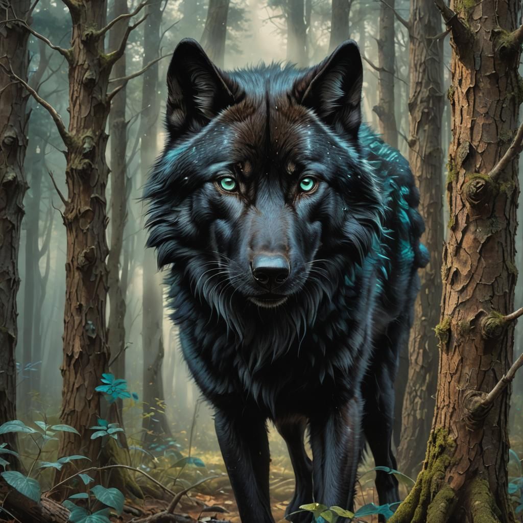 Detailed Black Wolf with Teal Eyes