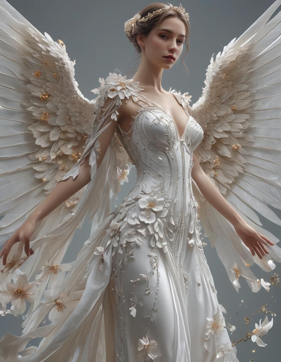 Angel, Stunning Anatomically correct beautiful slim female (Angel with a pair of beautiful big giant white wings:1.5) we...