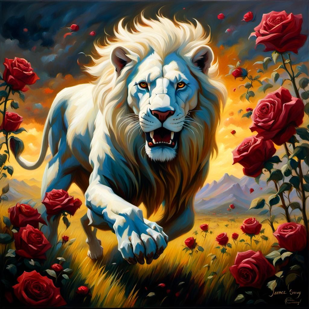 White Lion in Rose Field: Gothic Fantasy Painting