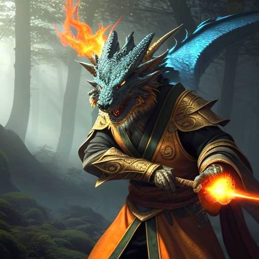 Wizard and Dragon Battle in Forest