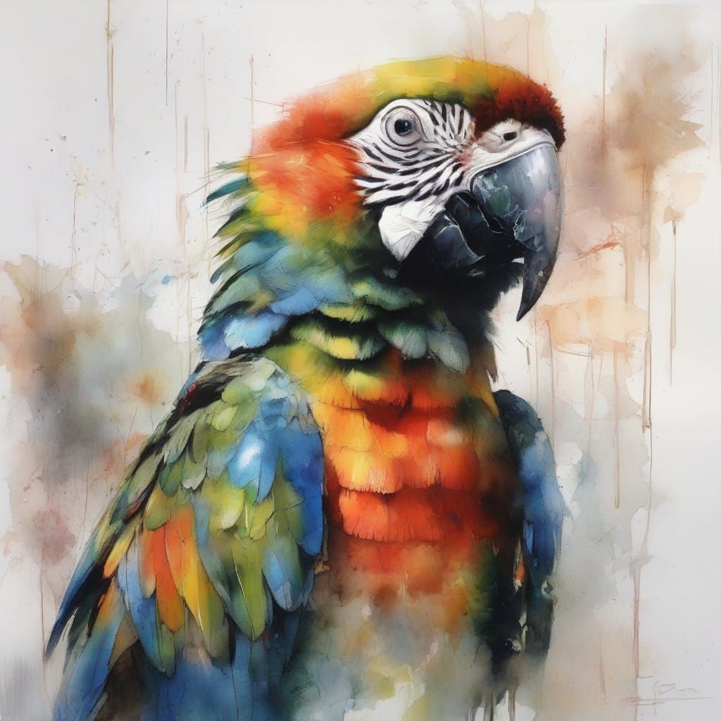 Jaco Parrot in Cage: Neo-Impressionist Oil Painting