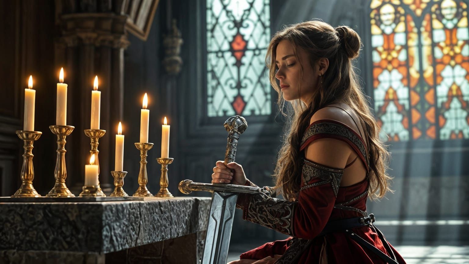 Warrior Finds Peace at Candlelit Shrine in Baroque Style