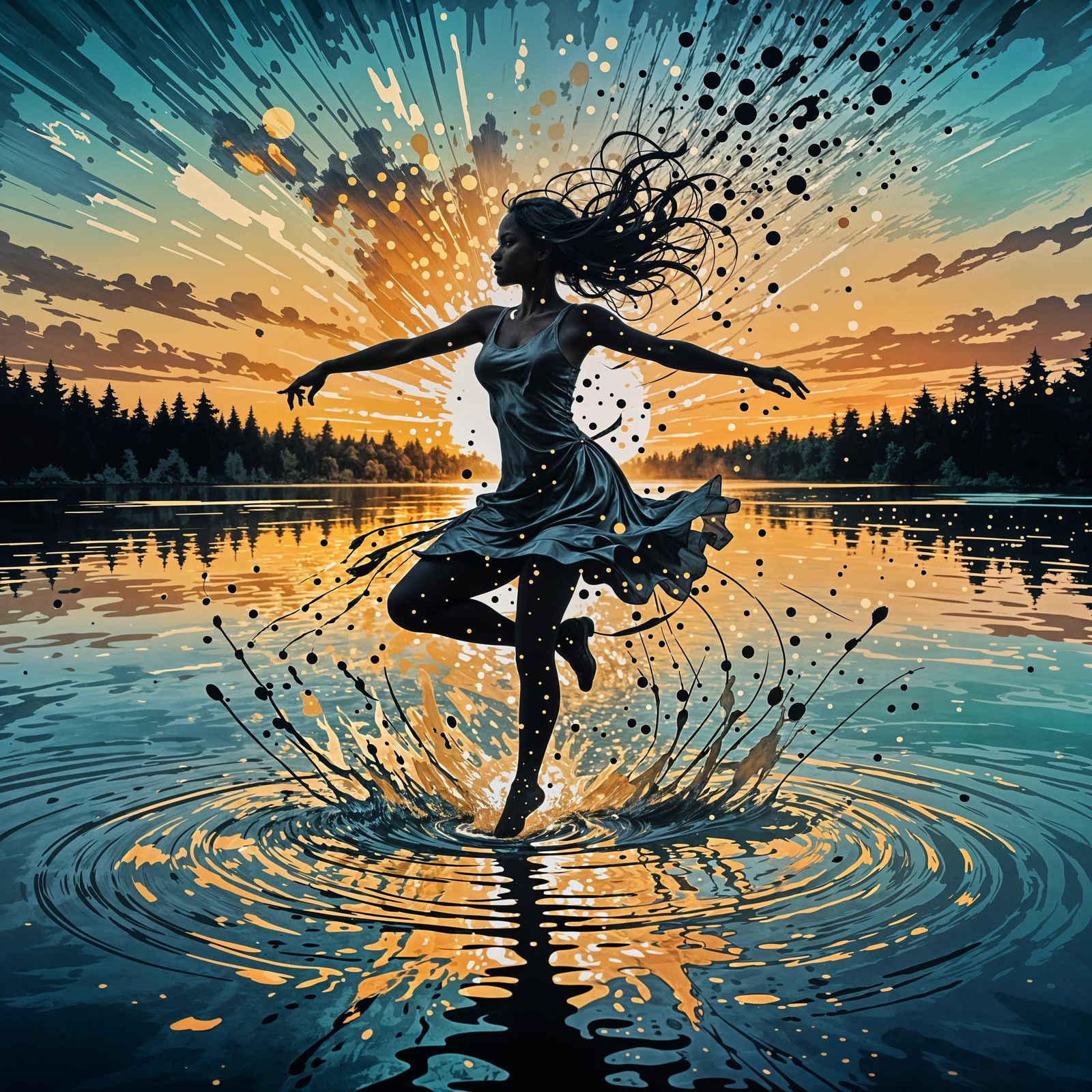 Ink Splash Art of a Woman Dancing on Lake