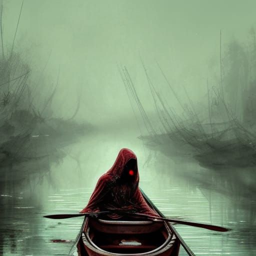 Hooded Figure on River of Blood, Digital Art