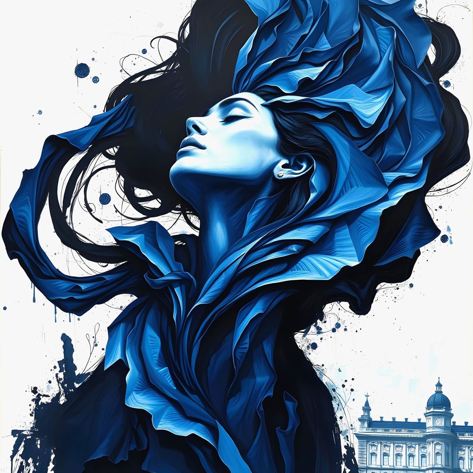 Abstract Blue and Black Ink Curves Portrait