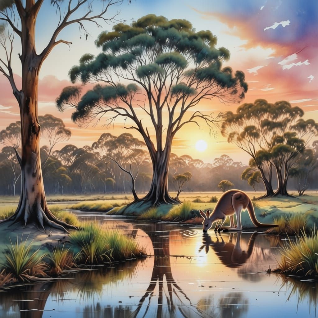 Kangaroo Drinks at Billabong in Early Morning Australian Bus...