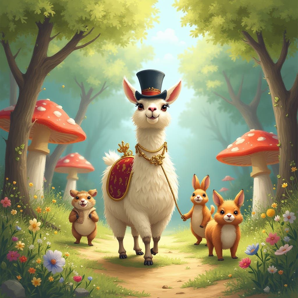 Llama Leads Parade in Whimsical Watercolor Forest