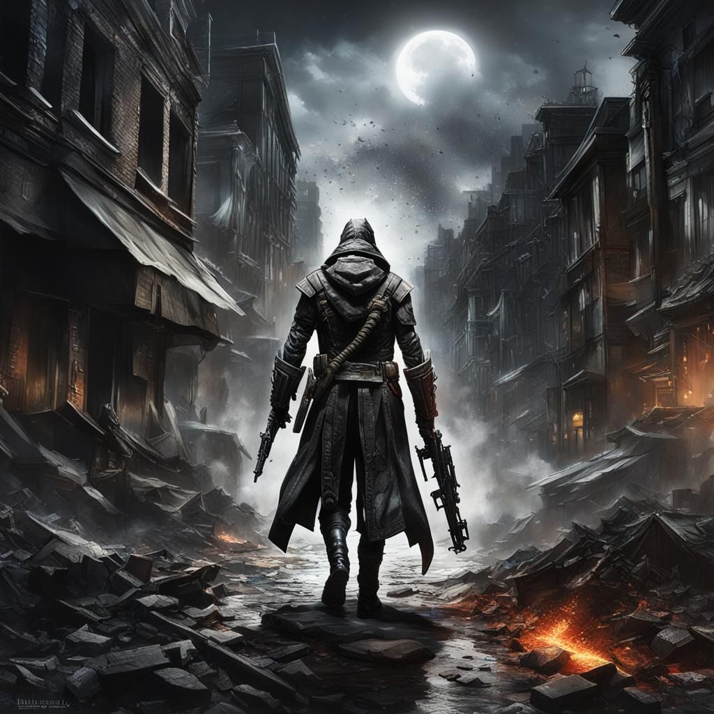 Futuristic Armored Spartan in Destroyed City