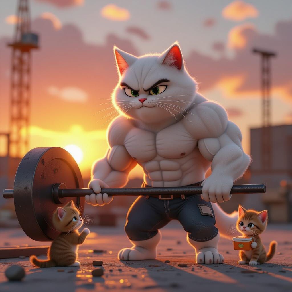 Muscular Cat Father Lifts Metal at Sunset in Pixar Style