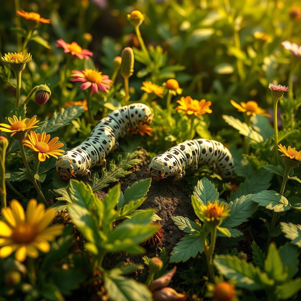 Dalmatian Caterpillars Crawling in Lush Landscape