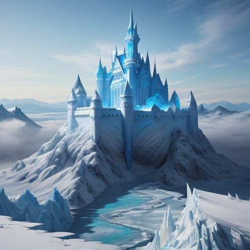 Majestic Ice Castle on Snowy Mountain - Fantasy Concept Art