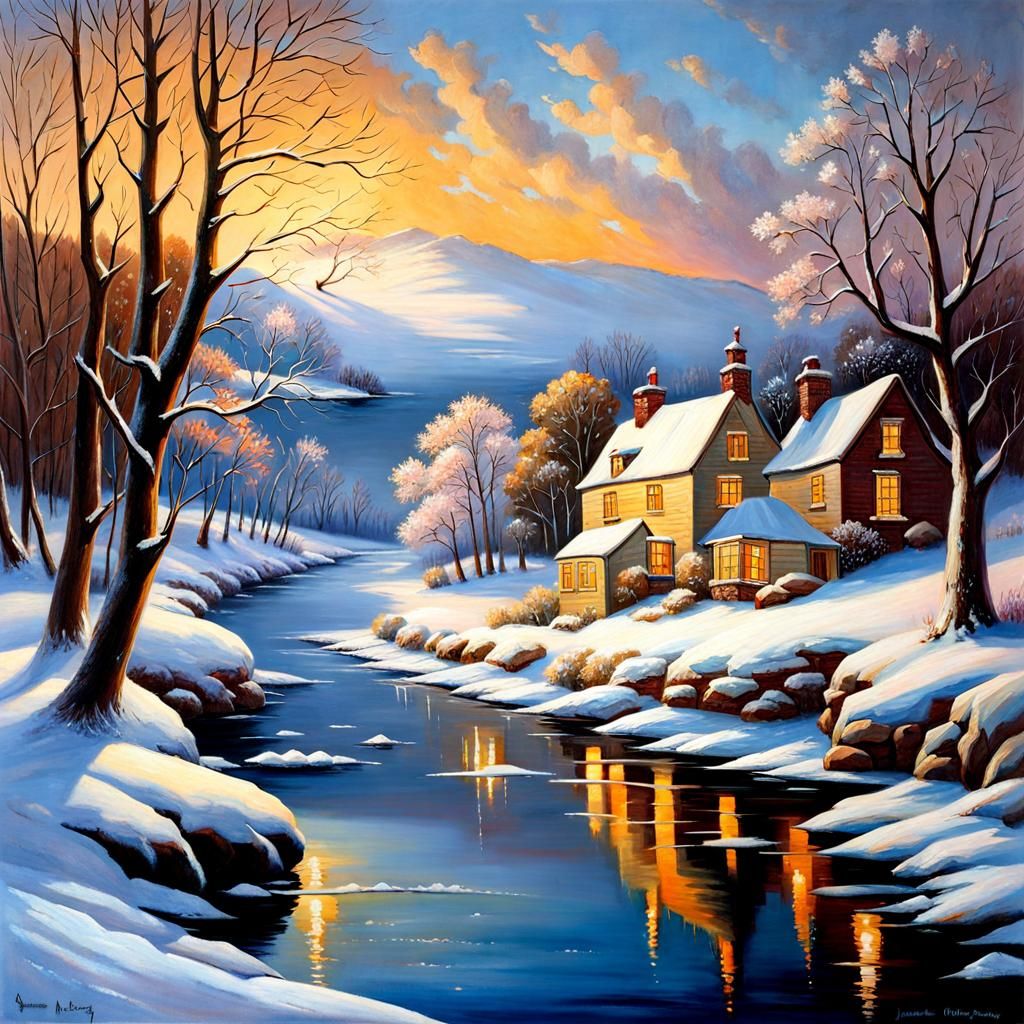 Snowy Riverbed in Oil Painting Style