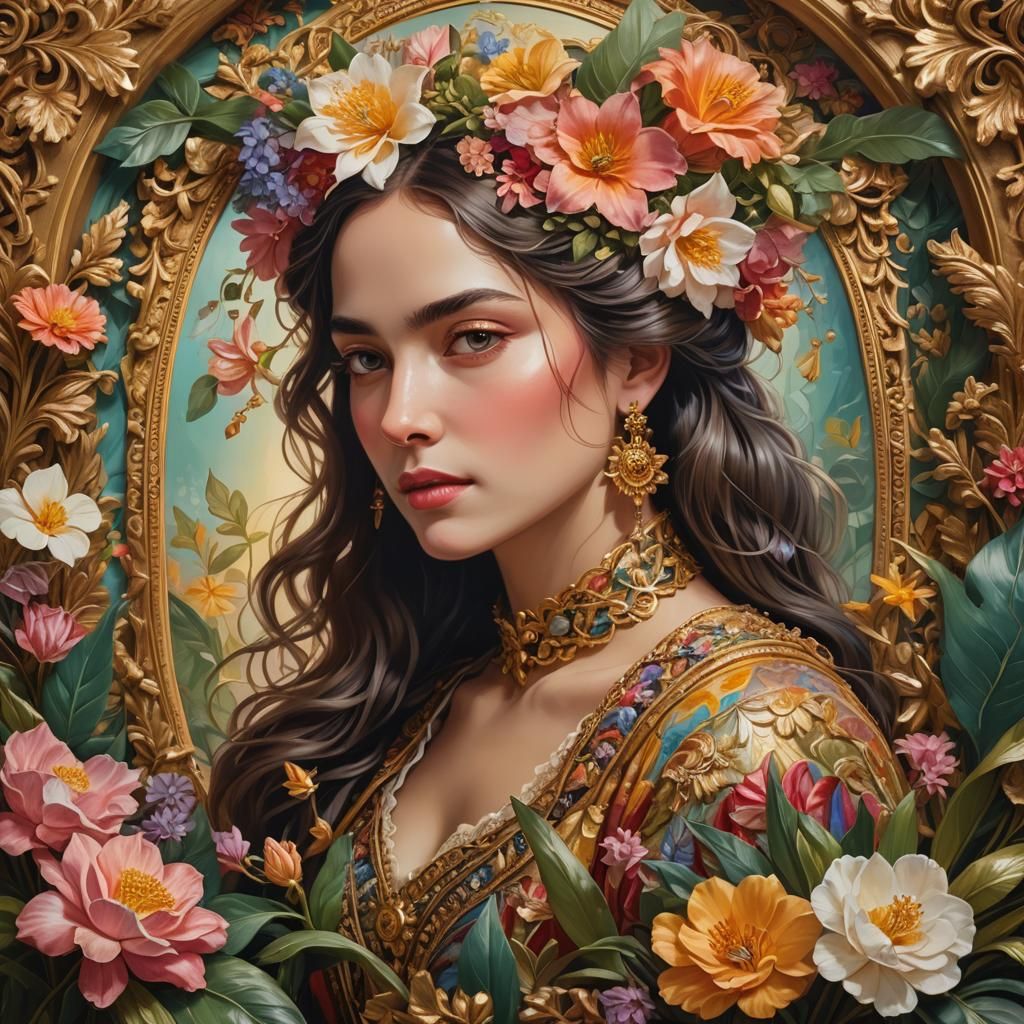 Floral Portrait of Regal Woman in Art Nouveau Style