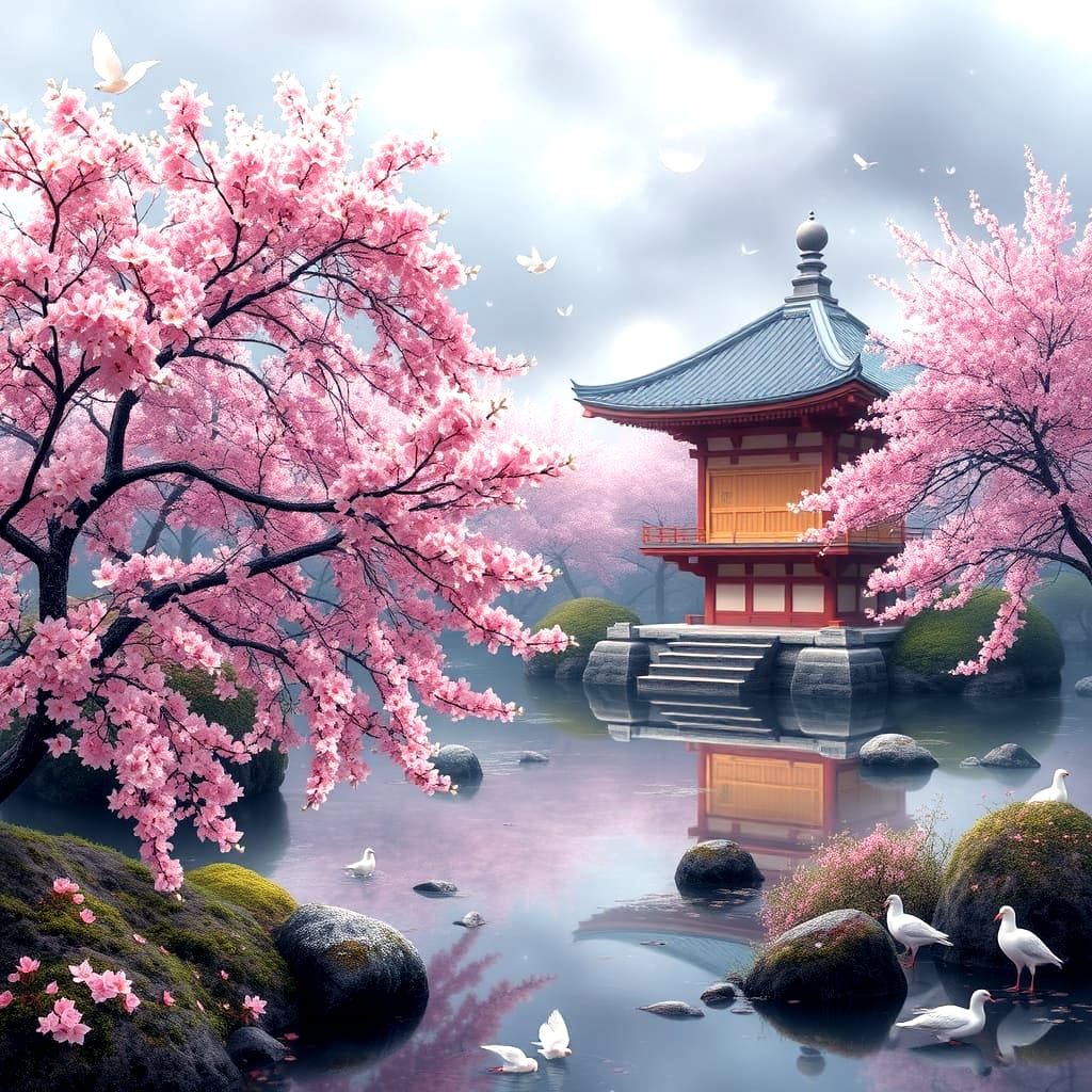 Peacock in Cherry Blossom Landscape as Ethereal Fantasy Art