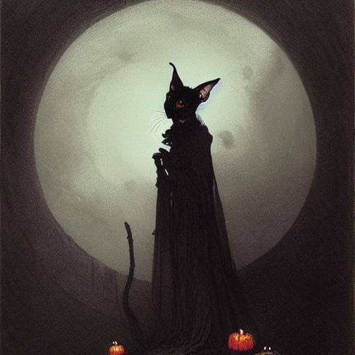 Halloween Witch and Tabby Cat in Engraving Style