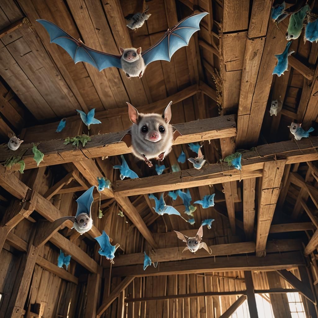 Cute Baby Bat in Barn, as Matte Painting