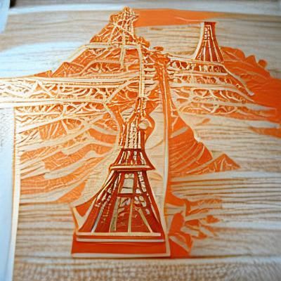 Eiffel Tower as Orange Woodcut Artwork