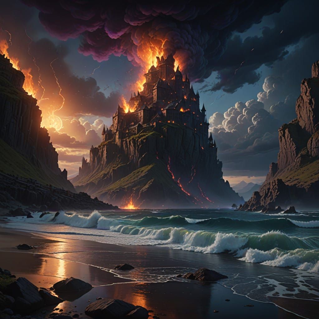 Dark Ocean's Heart Illuminated by Bonfire