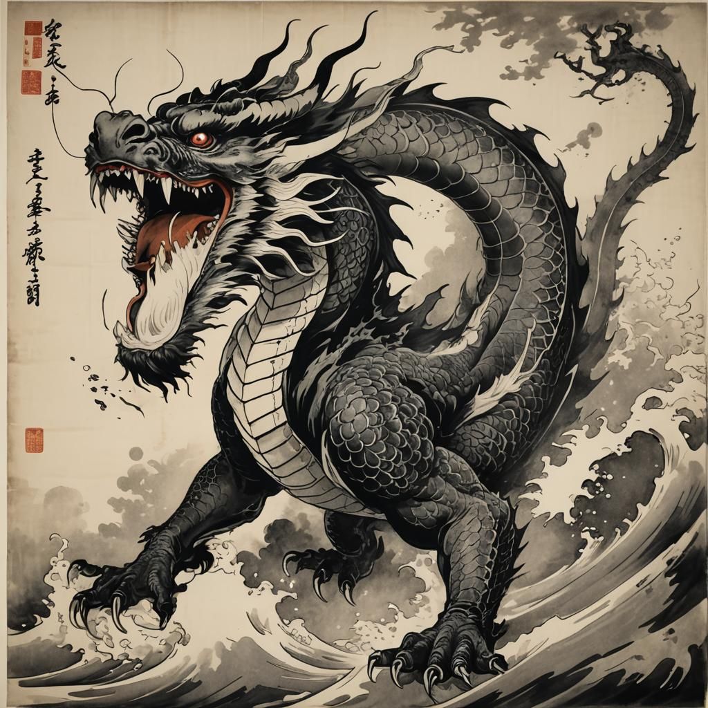 Black and white dragon in traditional Japanese ukiyo-e style...