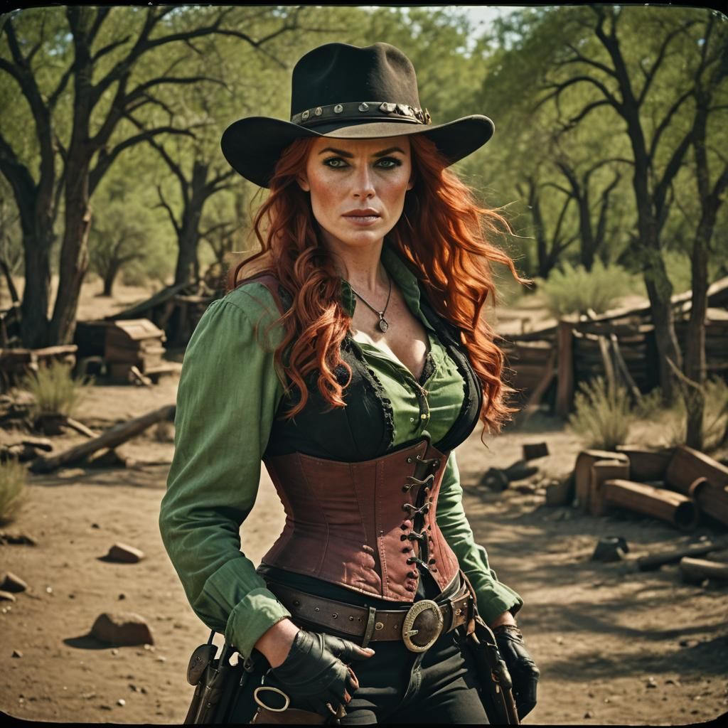 Wild West Hunter with Red Corset in Cinematic Style