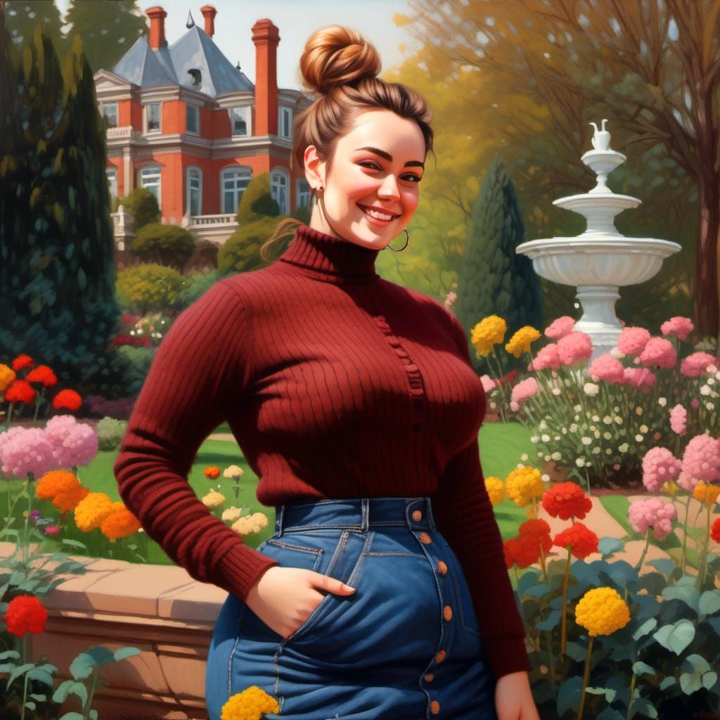 Elegant Woman in Garden as Oil-Guache Portrait