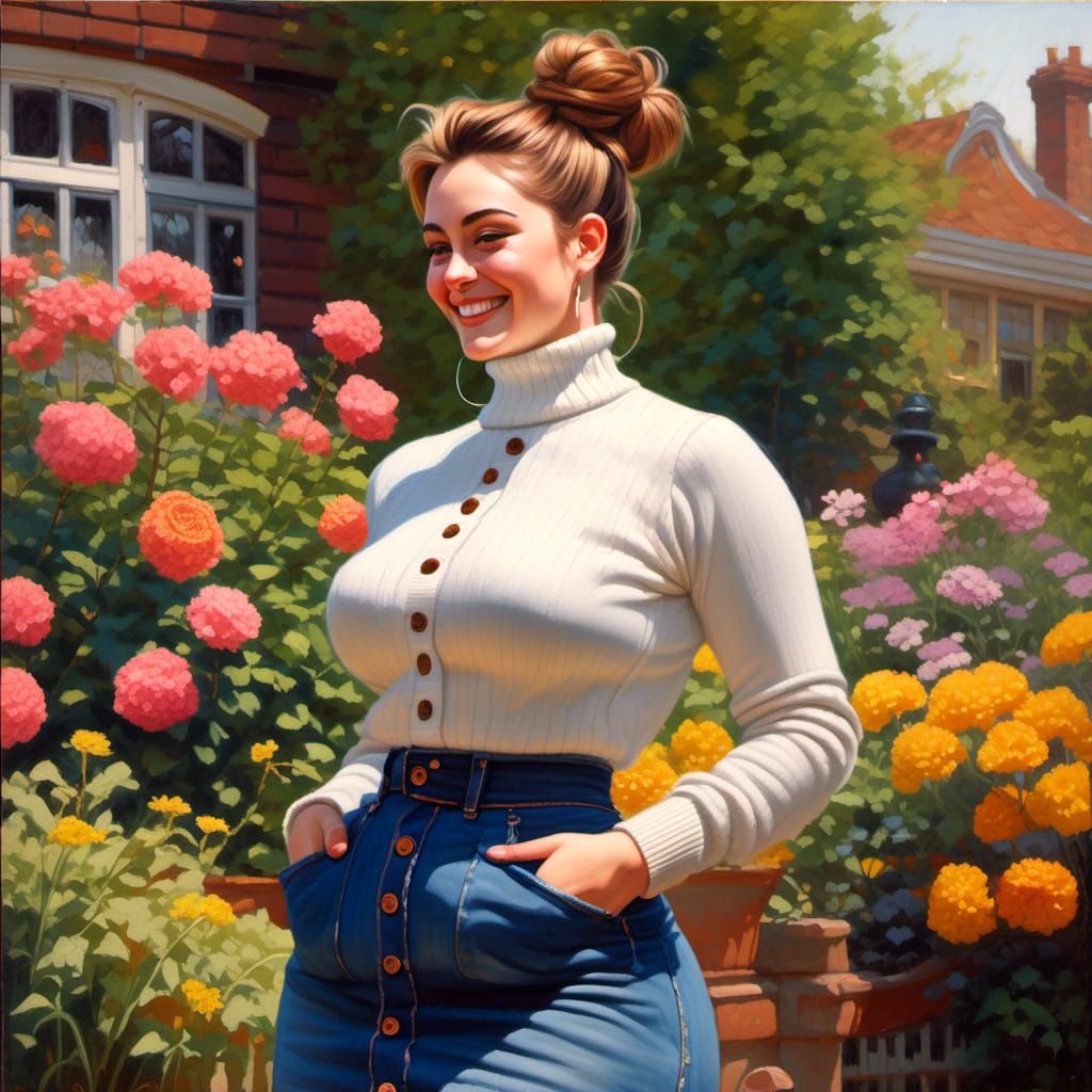 Elegant Woman in Garden Portrait, Oil and Gouache