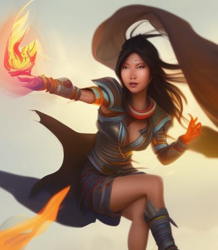 Confident Asian Rogue Casts Fireball in Hyperrealism