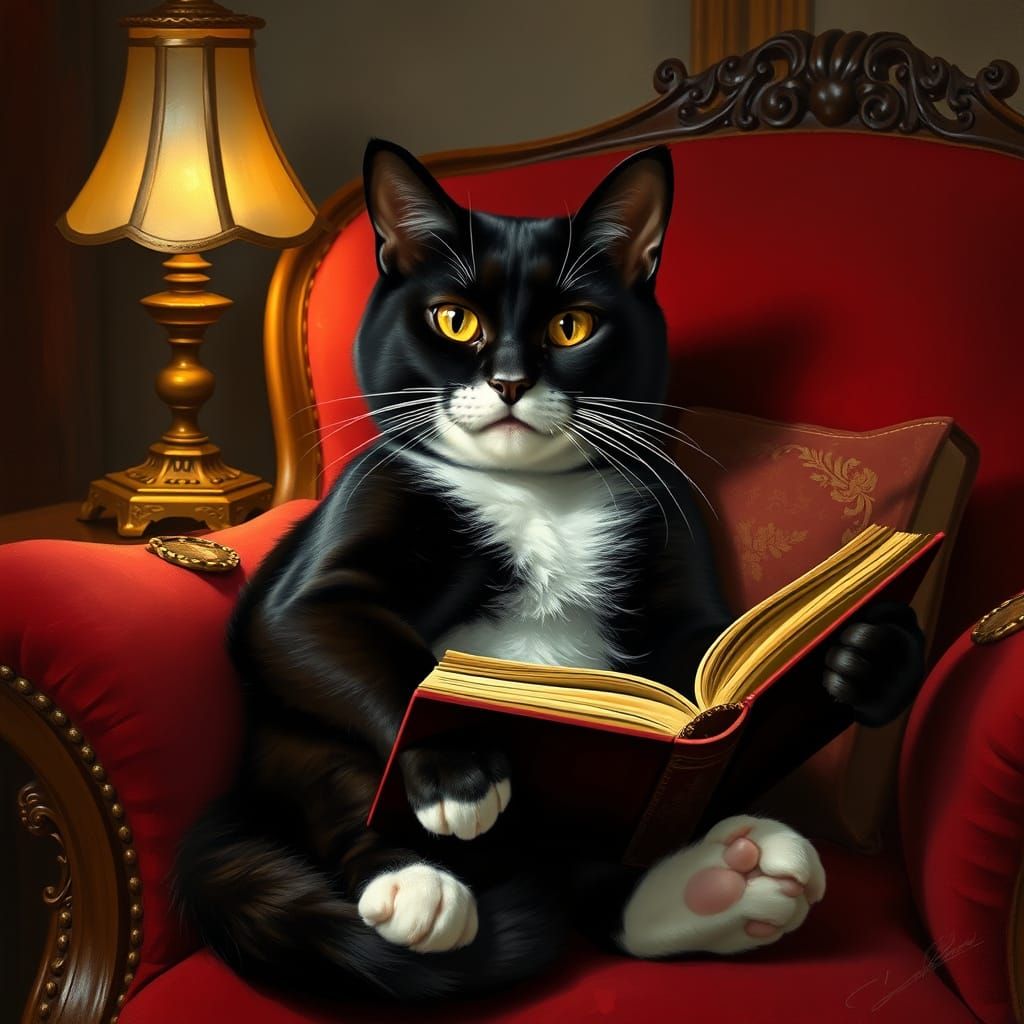 Ultra-Realistic Black Cat in Burgundy Armchair