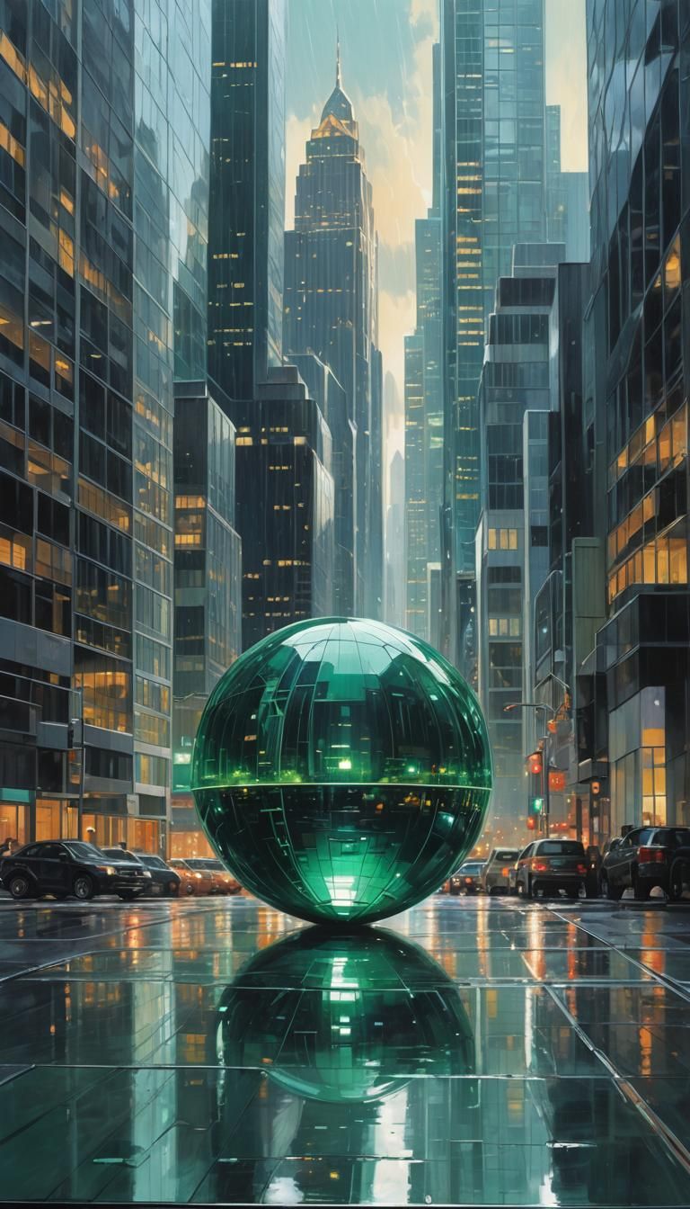 Emerald Orb Gazing Over Futuristic Metropolis