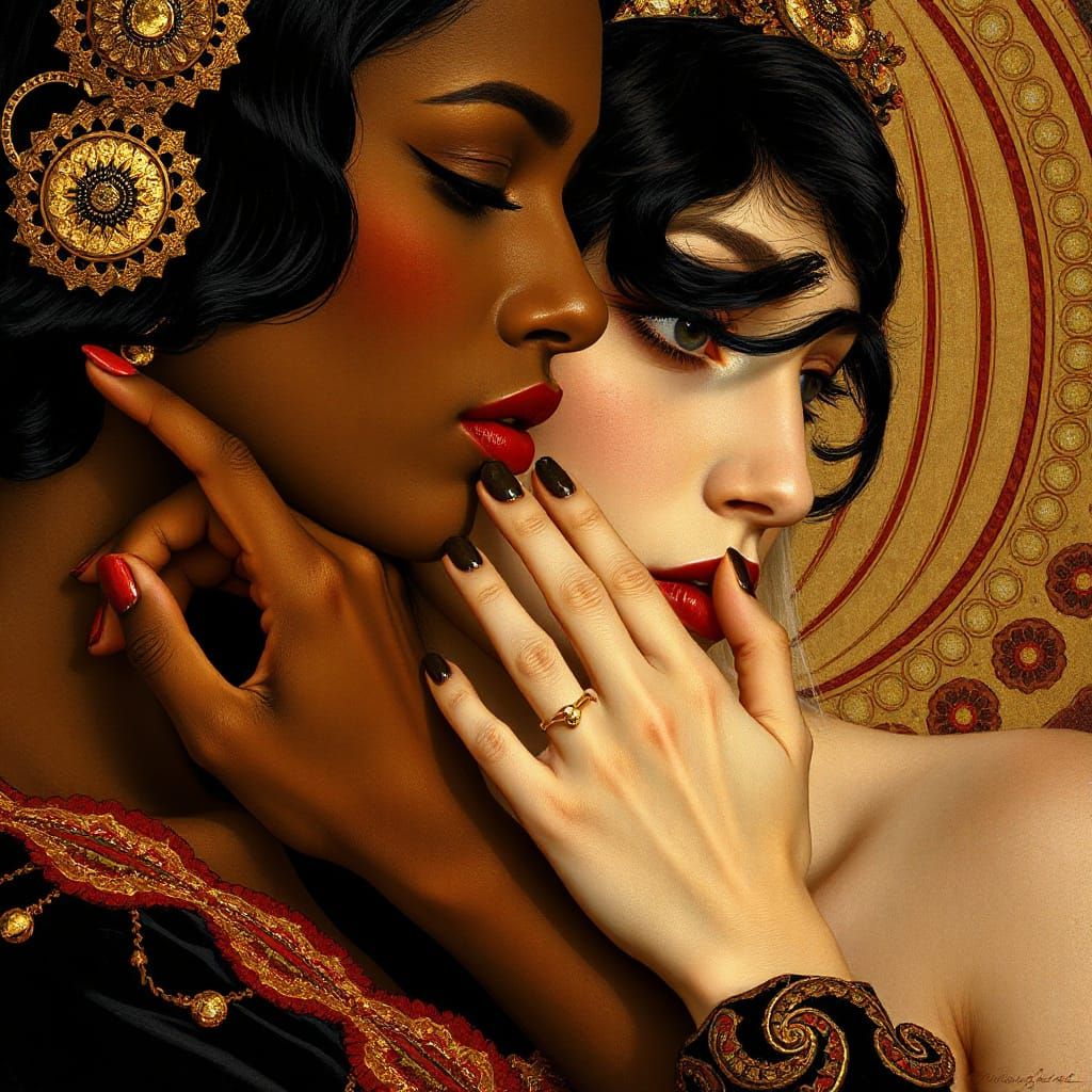 Elegant Embrace: Art Nouveau Portrait of Two Women