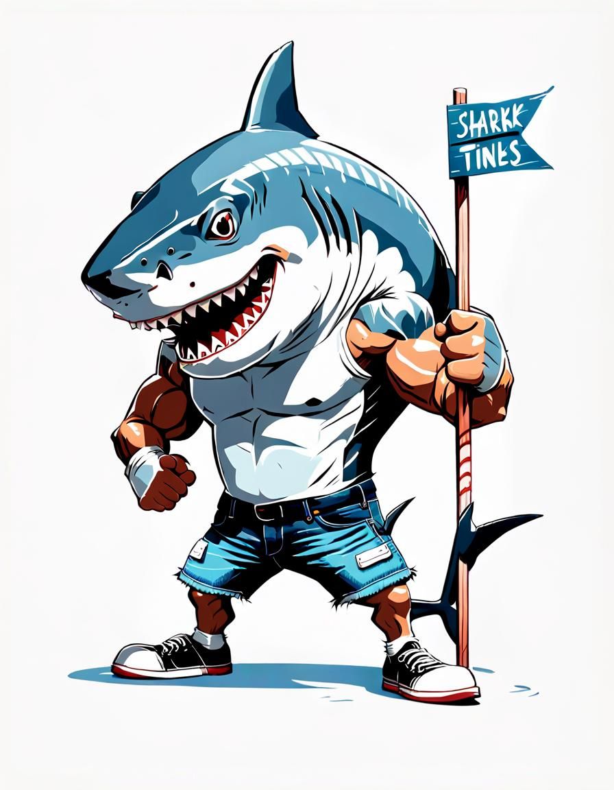 Cartoon Shark Flexing with Sign, Looney Tunes Style