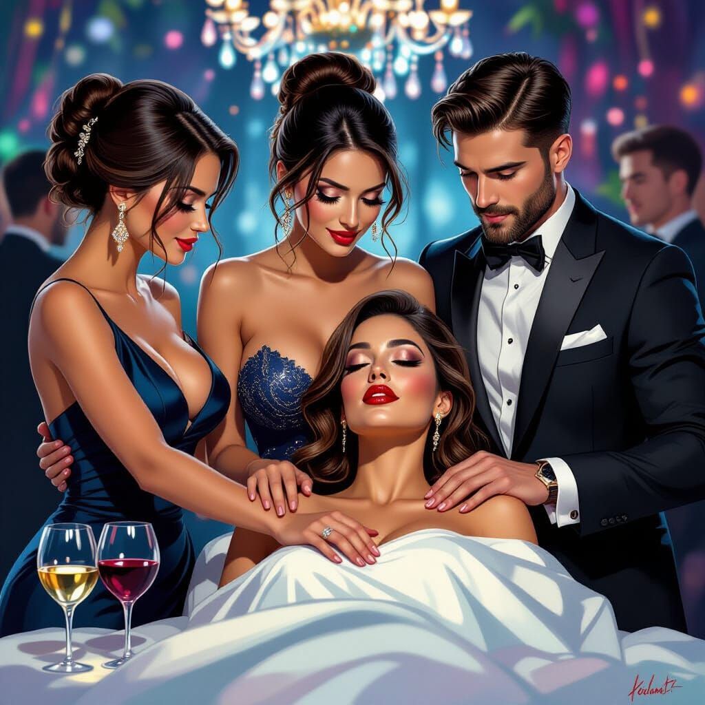 Hyperrealistic Party Scene with Massage in Splash Art Style