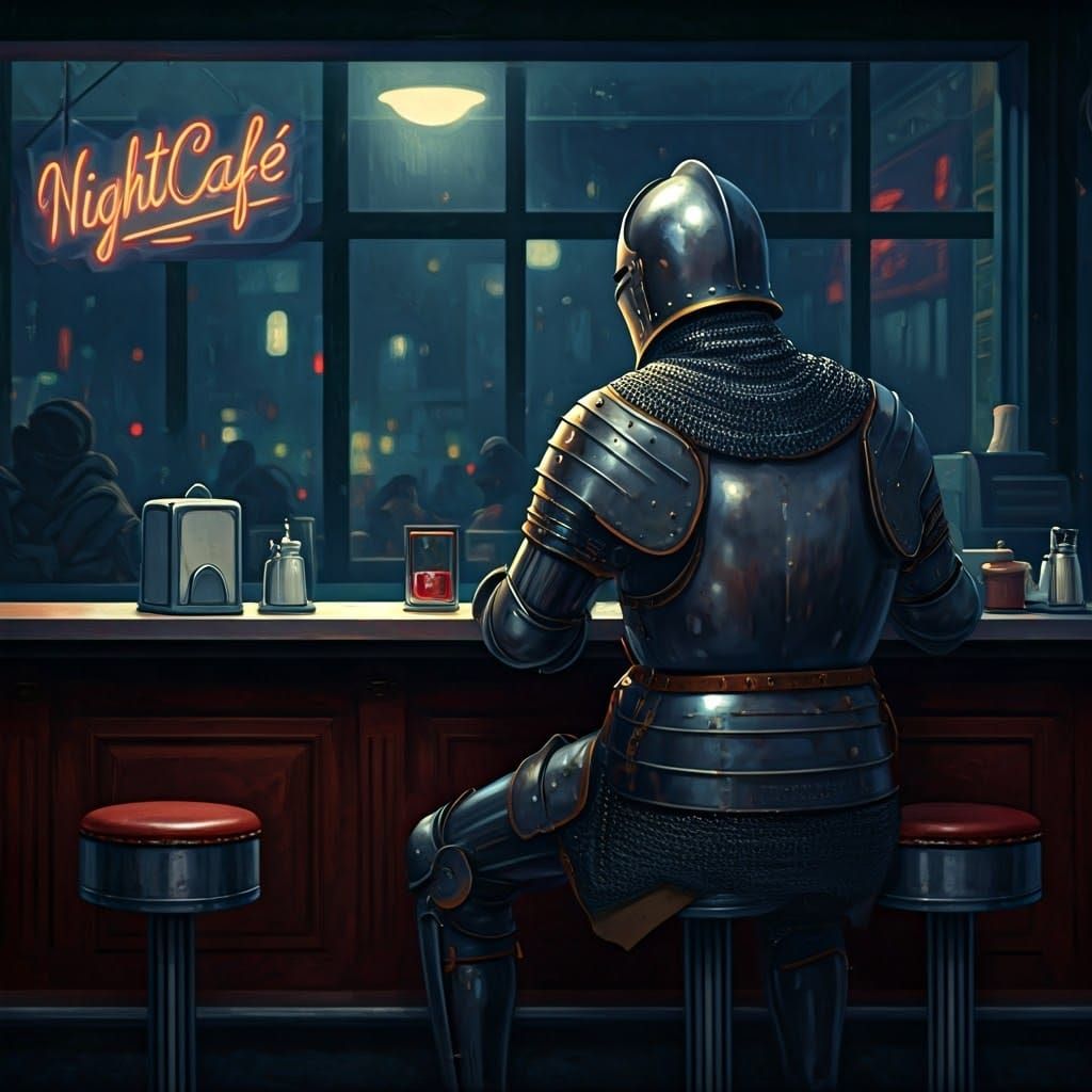 Medieval Knight Contemplates in Neon Hush