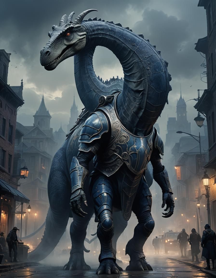 Armored Dinosaur Sage in Moody Gothic City