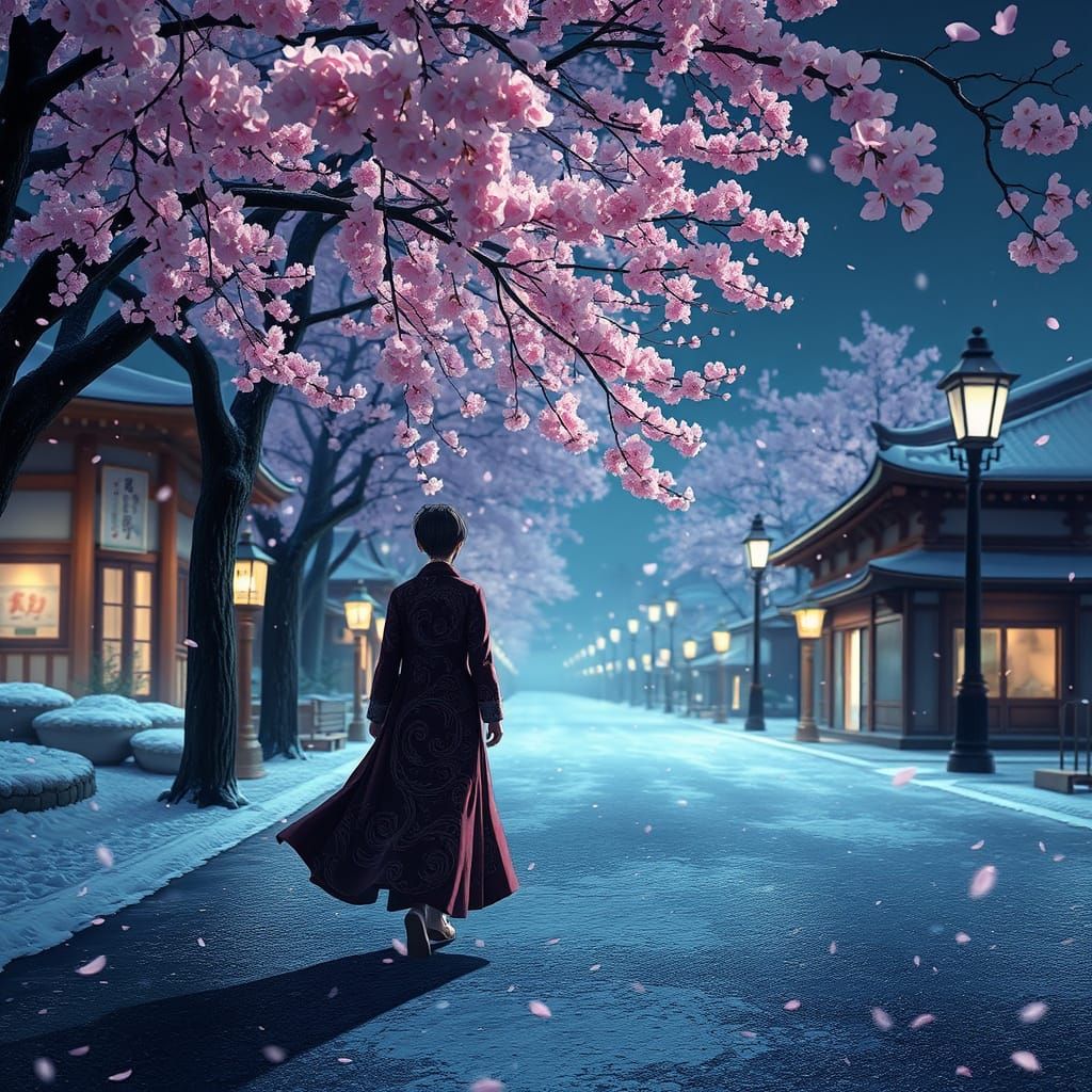 Serene Cherry Blossom Night Scene in 3D Anime Style