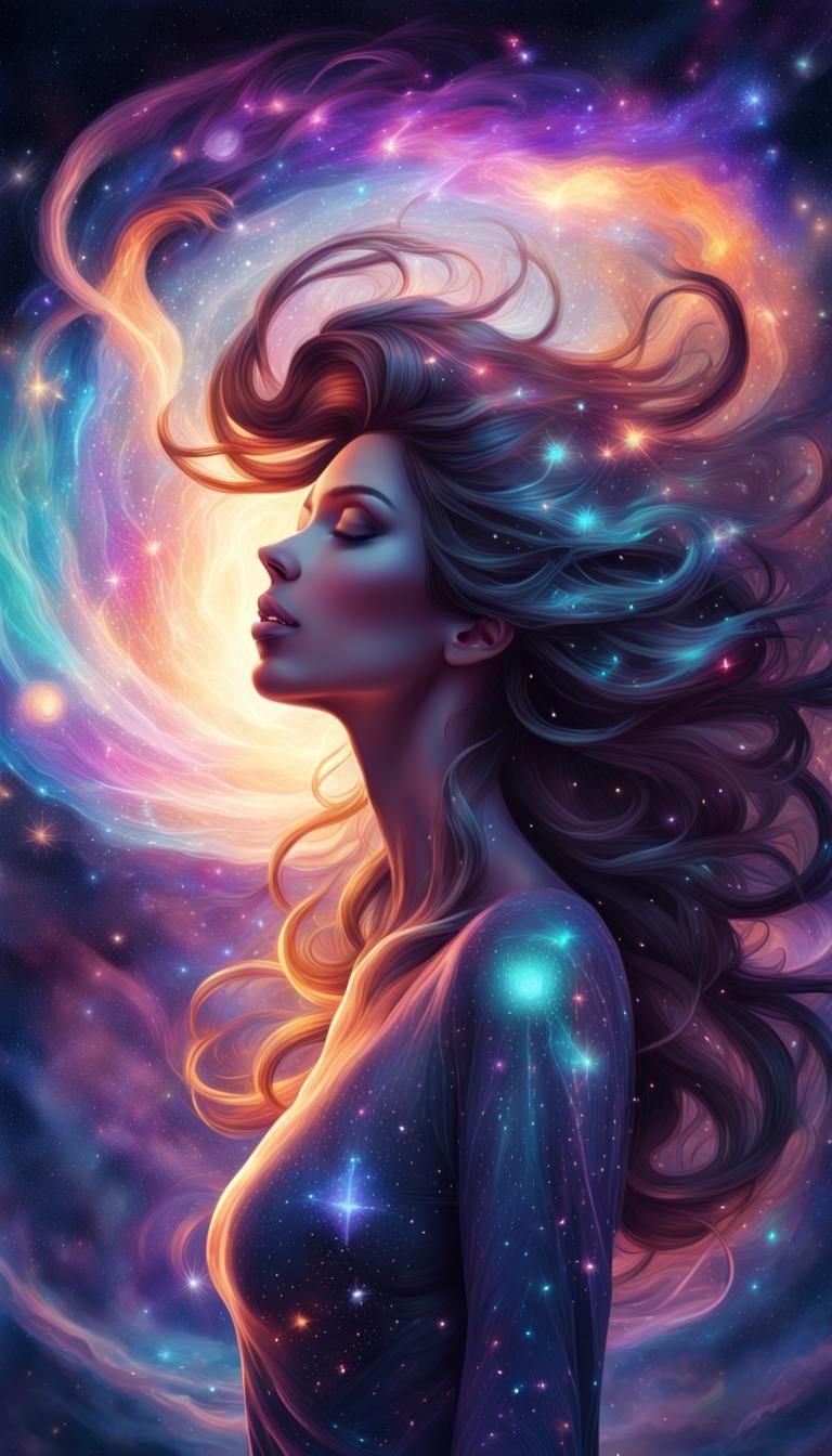 Cosmic Fantasy World with Woman Silhouette