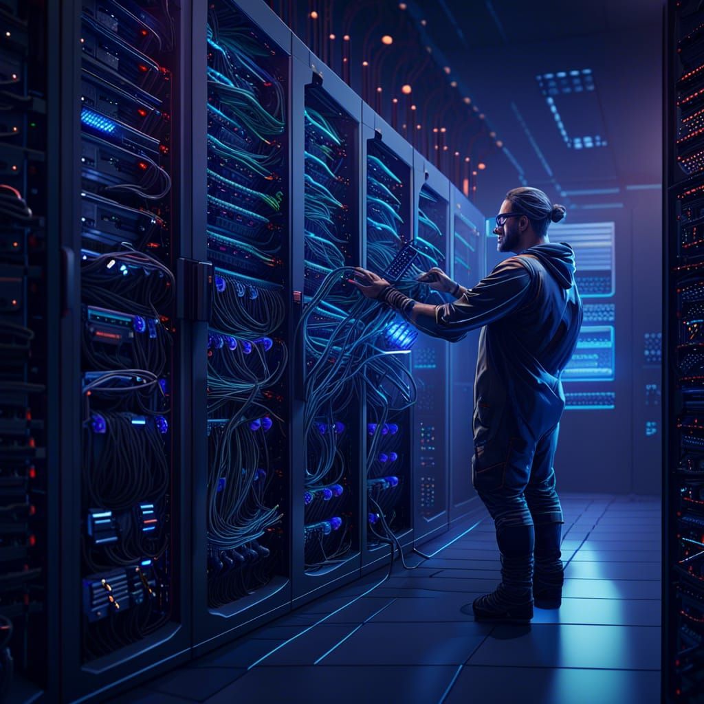 Network Engineer Installing Servers: Fantasy Concept Art